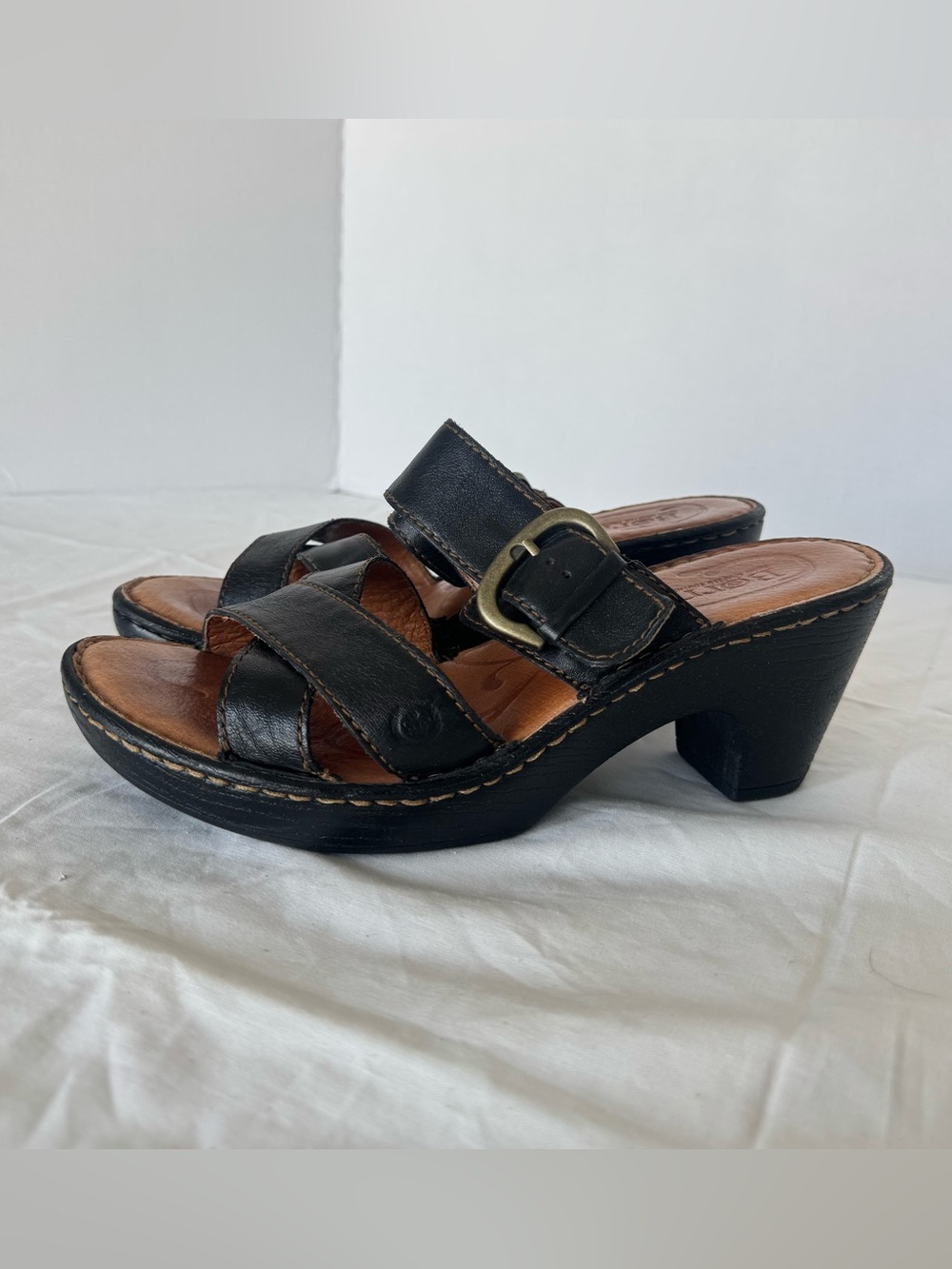 Born Black Leather Buckle Clog Sandals Size 8
